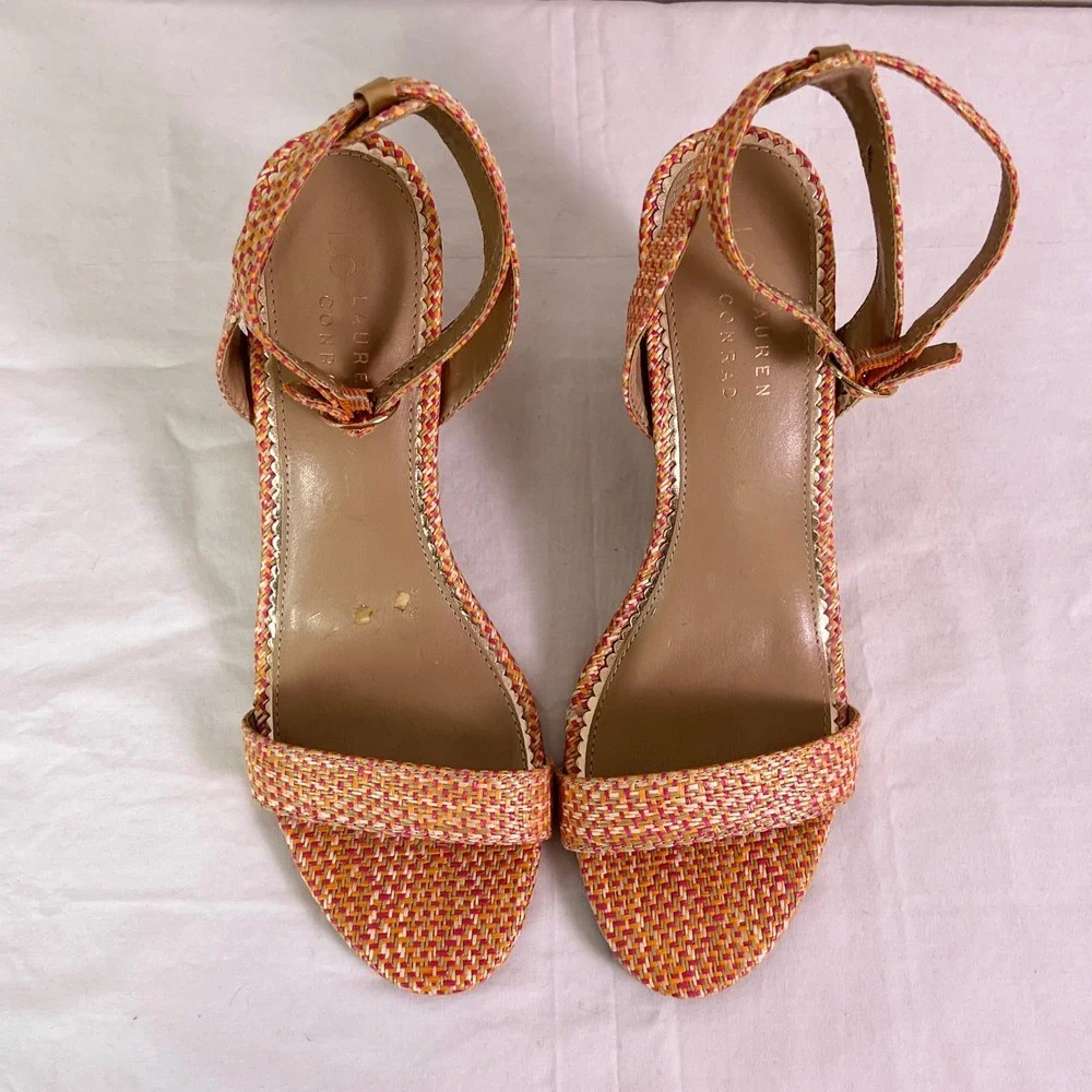 LC Lauren Conrad Wedge Sandals 10 Coral Woven Cork Strappy Boho Summer 160089
